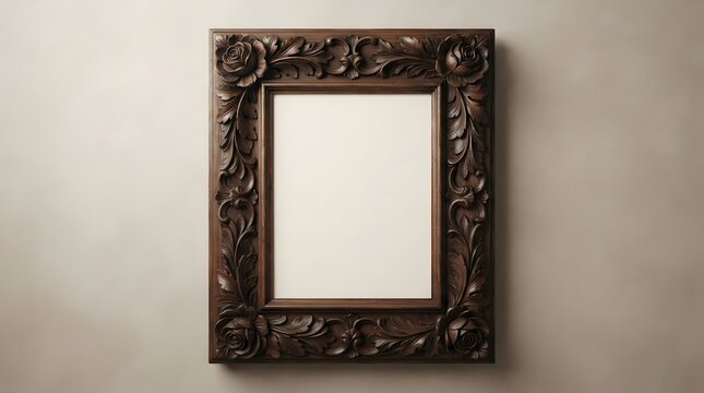 Empty ornate carved wooden picture frame with blank center for art display on wall
