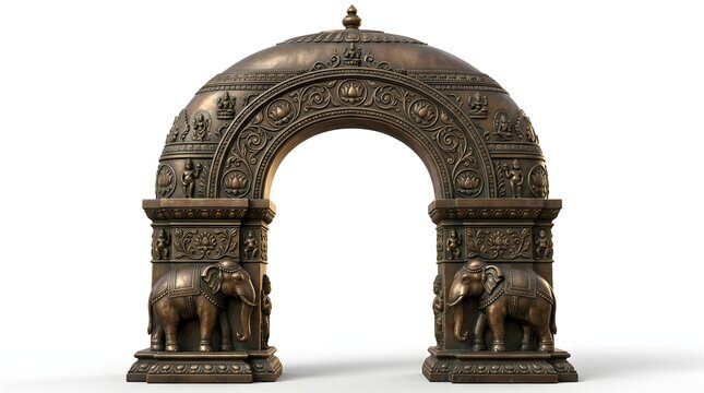 Ornate bronze temple archway with elephant carvings isolated on a white background.