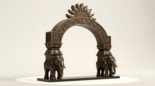 Bronze elephant arch sculpture with intricate traditional Asian architectural detailing.