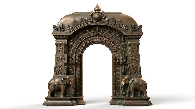 Ornate bronze temple archway with elephant carvings isolated on white background