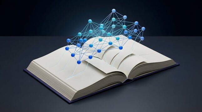 Open book with glowing digital neural network emerging from pages for AI learning concept.