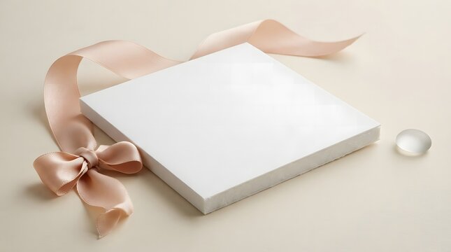 Blank white greeting card mockup with elegant silk ribbon on a soft neutral background