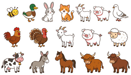 Fototapeta premium Cute Farm Animal Illustration Collection Featuring Bee Duck Rabbit Fox Goat Pig Goose Chicken Cow Donkey Horse And Highland Cattle Vector Set.svg