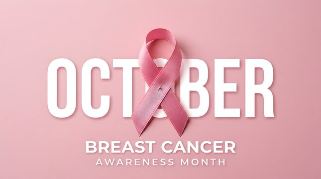Pink ribbon symbol for october breast cancer awareness month flat lay on pink