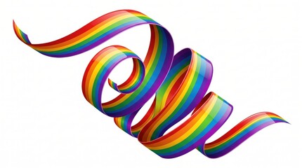 Fototapeta premium Rainbow spiral ribbon with glossy finish, colorful pride streamer on white background, vibrant 3D curved band for party and celebration decor