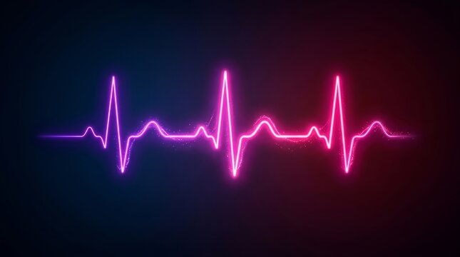 Heartbeat monitor line showing glowing neon pulse waves in dark blue and pink digital style