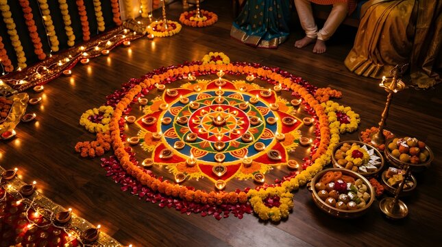 Beautifully decorated floor with colorful rangoli pattern, oil lamps, and traditional indian sweets