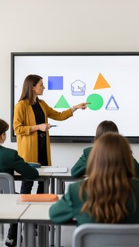 Female Teacher Pointing at Geometric Shapes on Digital Smartboard in Classroom