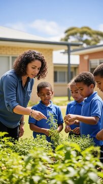 Teacher and Students Learning About Plants in School Garden