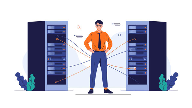 Confident database administrator in glasses standing between two blue network server racks in a data center room.