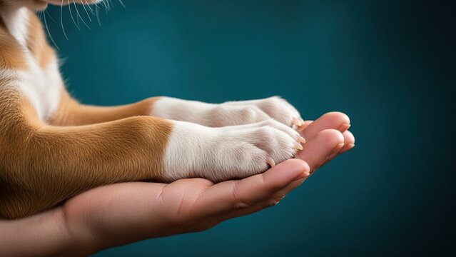 Human hands holding cute puppy paws on blue background