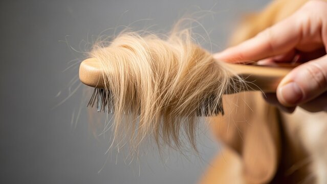 Close up of dog grooming brush with shedding golden retriever fur