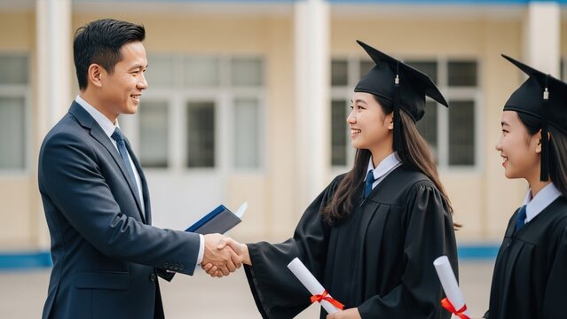 University Professor Handshaking Happy Graduate Student During Commencement Ceremony