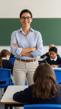 Confident Female Teacher Standing in a Modern Classroom