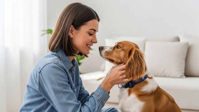 Young woman bonding with her adorable pet dog at home