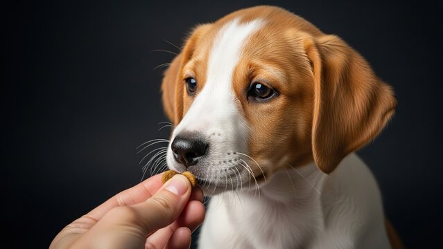 Cute Puppy Being Fed a Treat by Hand Against Black Background
