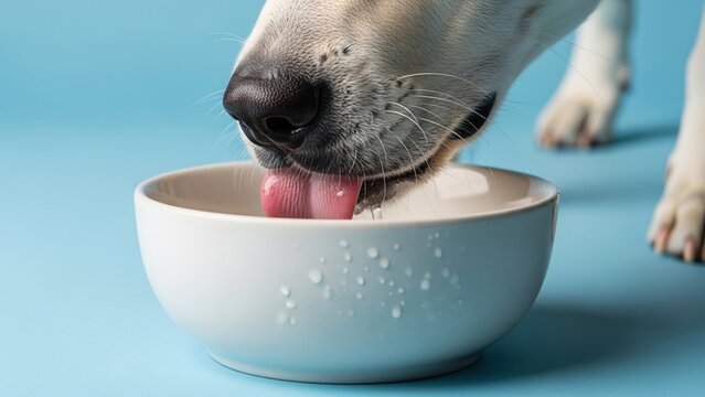Close up of a dog drinking water from a white bowl