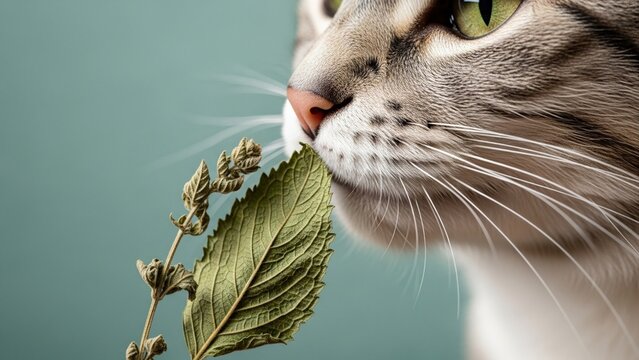 Close up shot of a tabby cat smelling a green herb leaf
