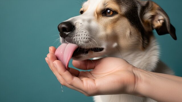 Cute dog licking water from a human hand
