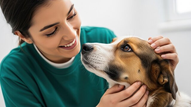 Friendly Female Veterinarian Examining a Cute Dog in a Clinic