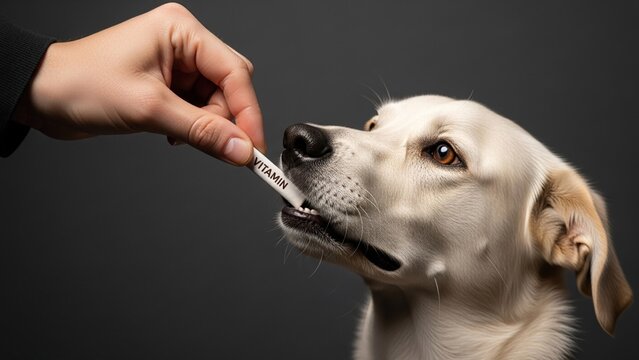 Owner giving a vitamin pill to a cute labrador retriever dog