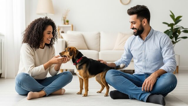 Happy Diverse Couple Playing with Their Dog in a Bright Modern Living Room