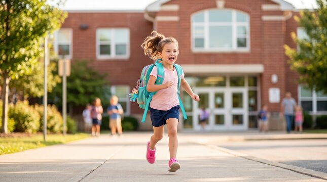 Excited elementary schoolgirl wearing a backpack and running toward a brick school building on a bright sunny morning.