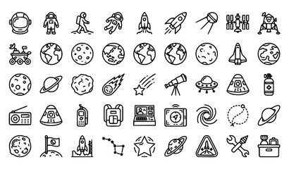 Fototapeta premium Space Astronaut and Cosmic Exploration Thin Line Icons Set Vector