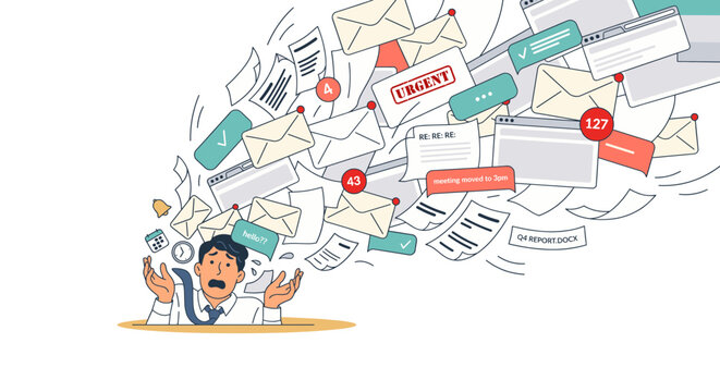 Overwhelmed office worker drowning in a flood of emails, notifications, and digital tasks