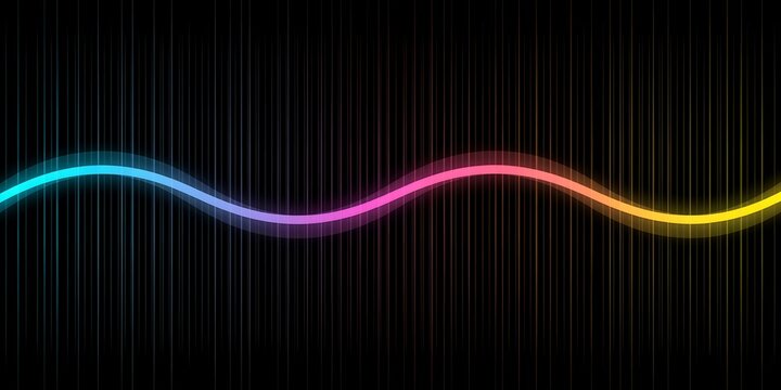 Vibrant glowing sound wave graphic featuring a smooth neon gradient line in cyan pink orange and yellow across a vertical striped black backdrop for modern tech design.