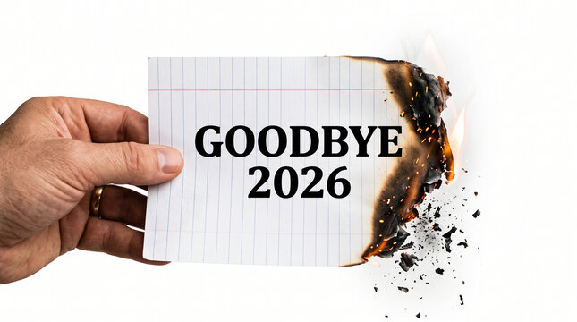 Goodbye 2026 message on burning paper, hand holding smoldering note card, end of year concept isolated on White Background