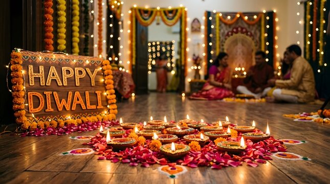Happy diwali festive home decoration with traditional diyas and marigold flowers