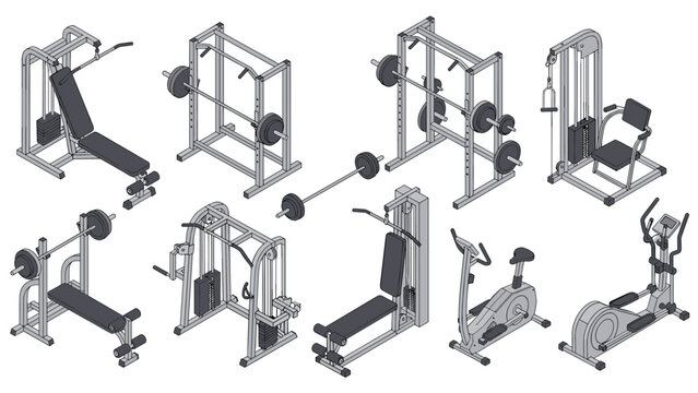 Complete set of isometric gym equipment and fitness machines for home strength training and cardiovascular exercise.