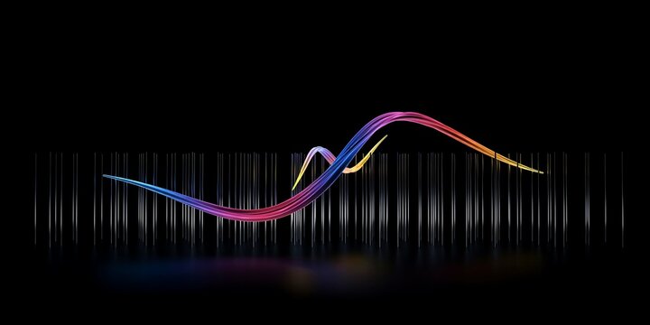 Abstract Futuristic Neon Wave Flowing Over Metallic Rods with Colorful Glow on Black Background for Modern Audio Technology and Data Visualization Concepts.