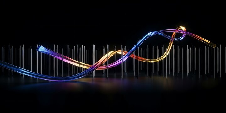 Futuristic 3D abstract glass ribbon glowing with neon blue and golden light weaving through vertical metal pins on black background for modern tech banner.