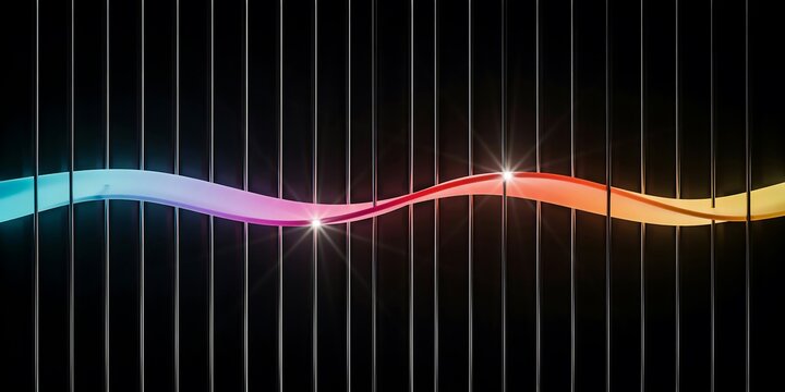 Vibrant glowing gradient wave intersects vertical metallic bars, casting brilliant sparkling light flares across a sleek dark background for modern design projects.
