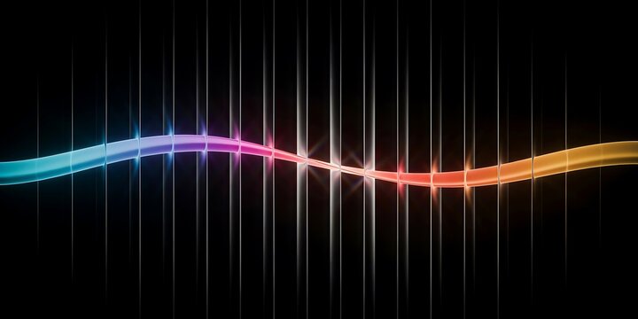 Vibrant glowing wave passing through vertical light slit bars on sleek black background, colorful modern abstract technology design concept for digital projects.