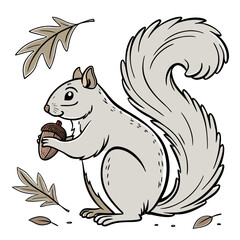 Obraz premium Gray squirrel holding an acorn with oak leaves, isolated on a white background, cartoon animal rodent