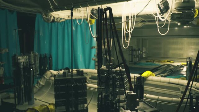 Warmtoned medevac staging area with central light source, stacked medical crates and hanging frames, teal curtains and cushioned supports, mood of lateshift