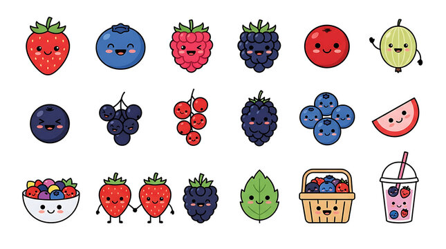 Cute pixel art collection of various smiling fruits and a berry smoothie