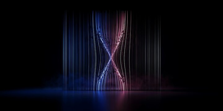 Stunning abstract neon light installation forming hourglass shape with glowing blue and pink vertical lines, dark studio background, modern digital concept design art.