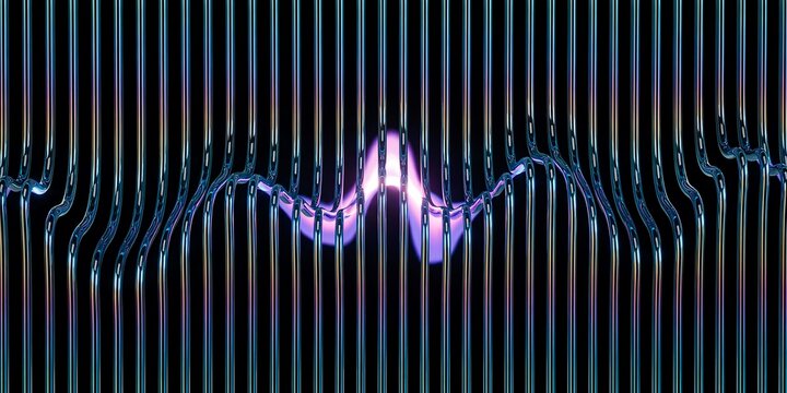 Abstract Futuristic Metallic Vertical Tubes with Glowing Neon Purple Soundwave Audio Frequency on Black Background for Modern Digital Technology and Music Design.