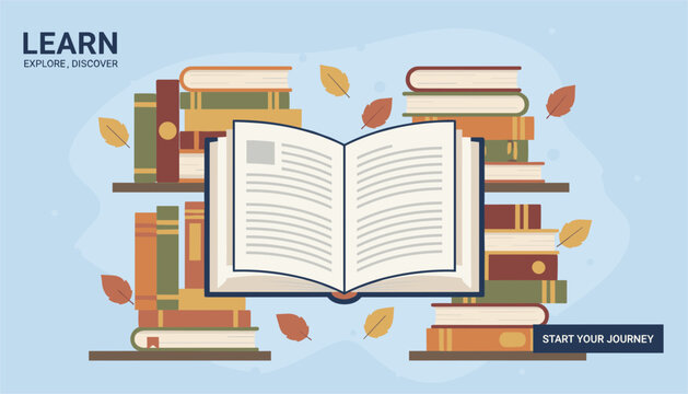 Educational illustration featuring stacks of colorful books with a large open book in the center and falling autumn leaves.