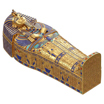 Golden sarcophagus of king tutankhamun with blue lapis lazuli accents isolated on transparent background as high quality 3d render