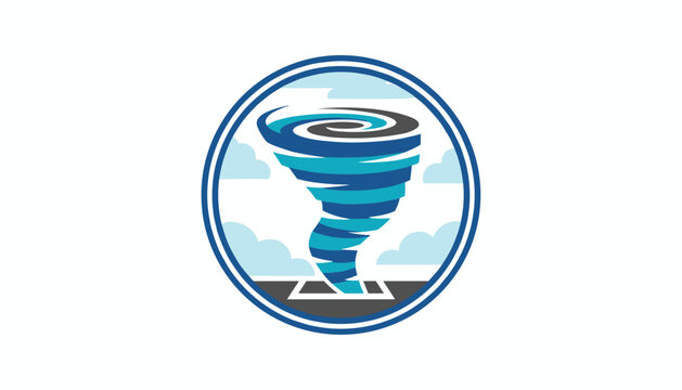 Blue tornado emblem showing a swirling hurricane funnel cloud with background sky in a circular vector graphic frame.