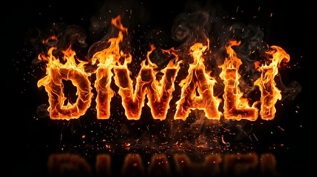 Diwali text made of burning fire flames on a black background