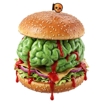 Gross zombie brain burger with dripping blood isolated on transparent background for halloween menu decoration