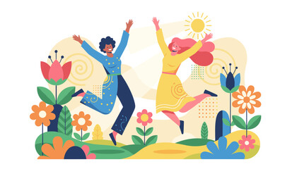 Fototapeta premium Two cheerful women jumping joyfully in a vibrant garden surrounded by giant colorful flowers and a shining sun.