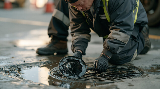 Oil change technician kneels on rain soaked concrete, close detail on a single cracked funnel sitting in a puddle beside a drainage grate, a still object narrative referencing the