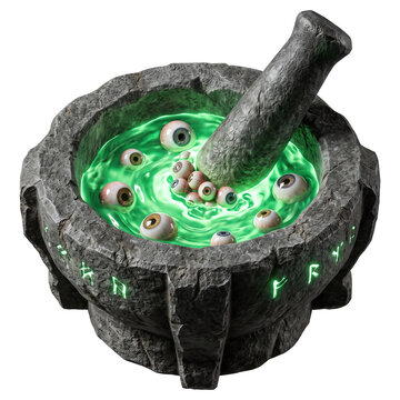 Mystical stone mortar and pestle with glowing green potion and eyeballs isolated on transparent background